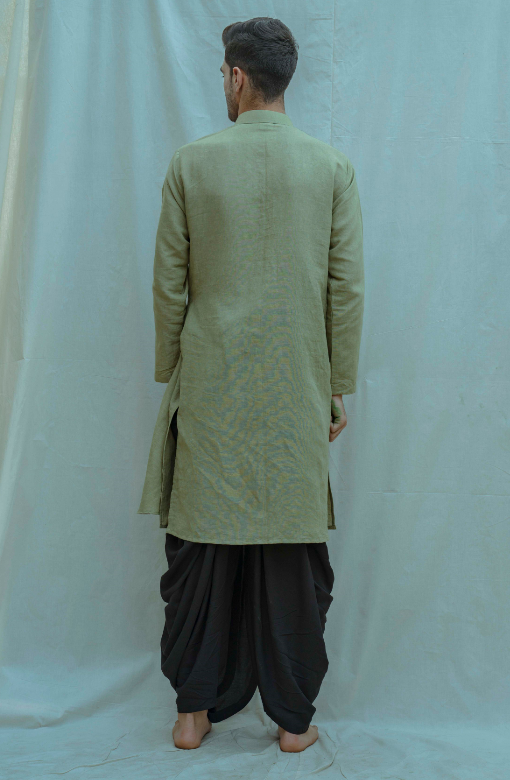 Cotton X Linen Pleated Angrakha Kurta In Nature Green-1