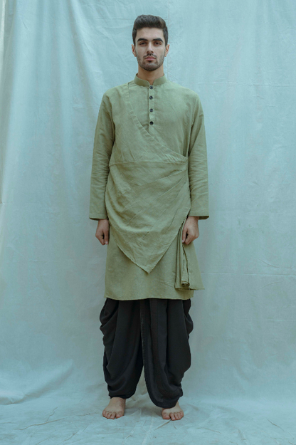 Cotton X Linen Pleated Angrakha Kurta In Nature Green-0