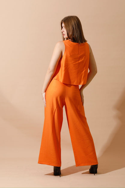 Linen-Blend Sleeveless Tank Top & Wide Leg Trouser Pant - Orange-3