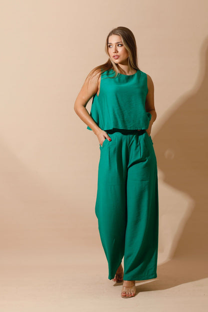 Linen-Blend Sleeveless Tank Top & Wide Leg Trouser Pant - Green-3