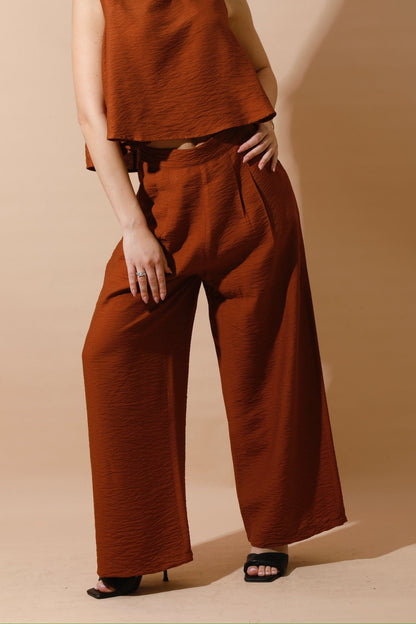 Linen-Blend Sleeveless Tank Top & Wide Leg Trouser Pant - Brown-1