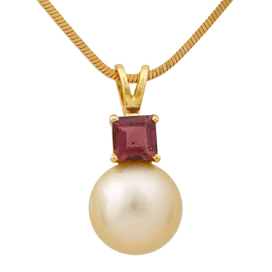 Golden South Sea Pearl with Pink Tourmaline Stone Sale Pendant 9.5 - 10.5 MM-0