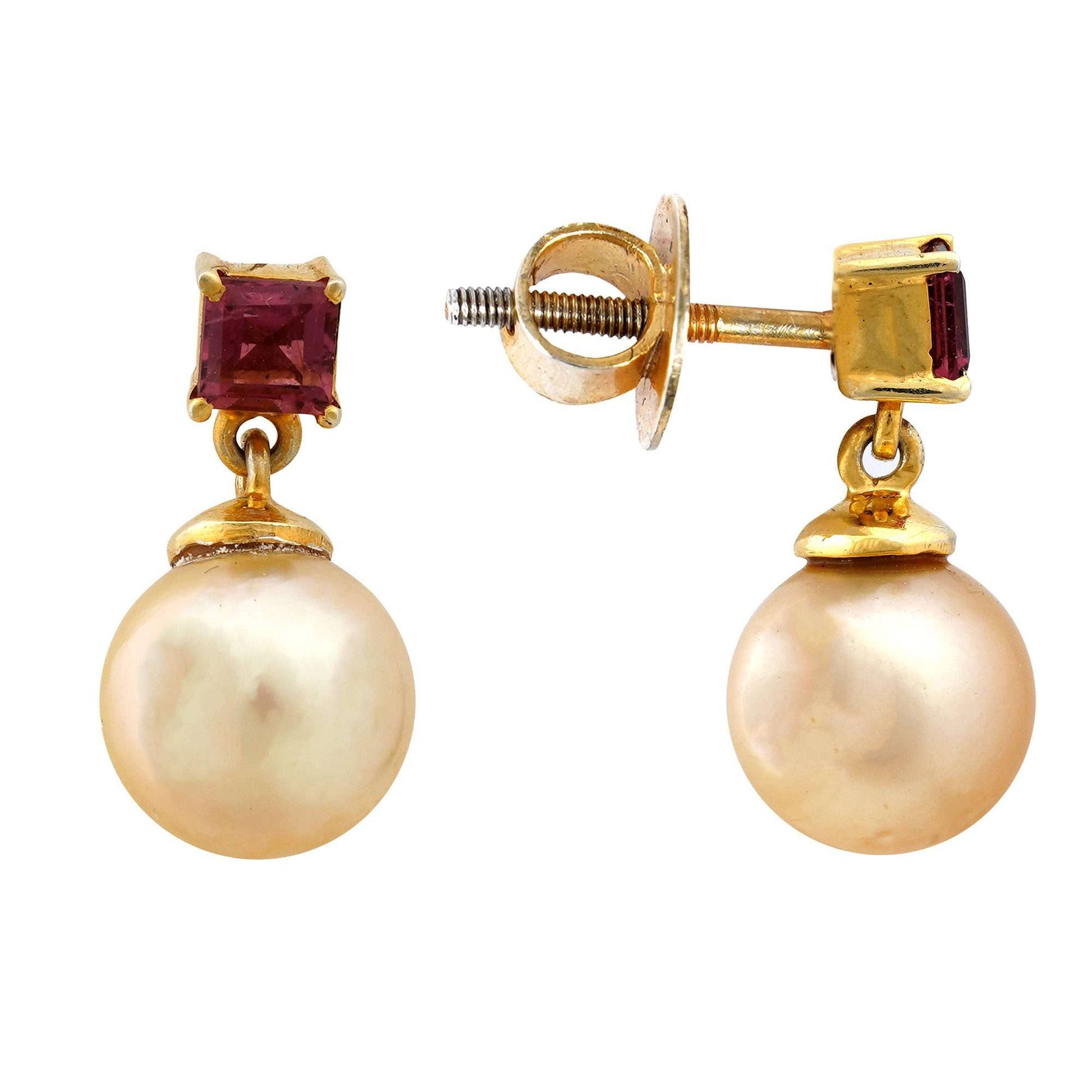 Golden South Sea Pearl with Pink Tourmaline Stone Melbourne Drop Earrings 9.5 - 10.5 MM-0