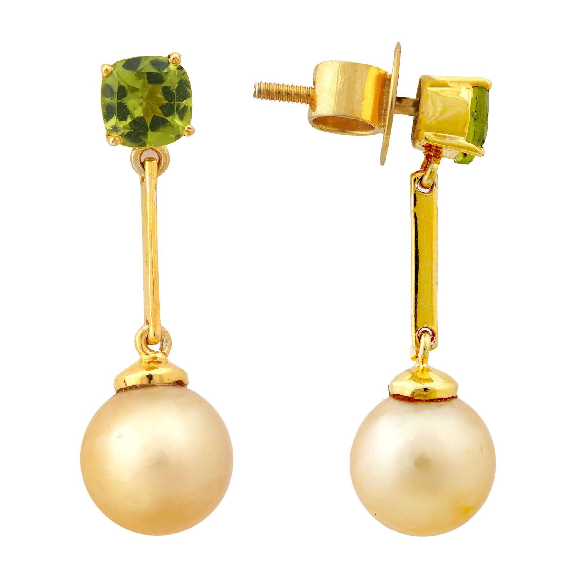 Golden South Sea Pearl with Green Peridot Stone Albany Drop Earrings 8.5 - 9.5 MM-0