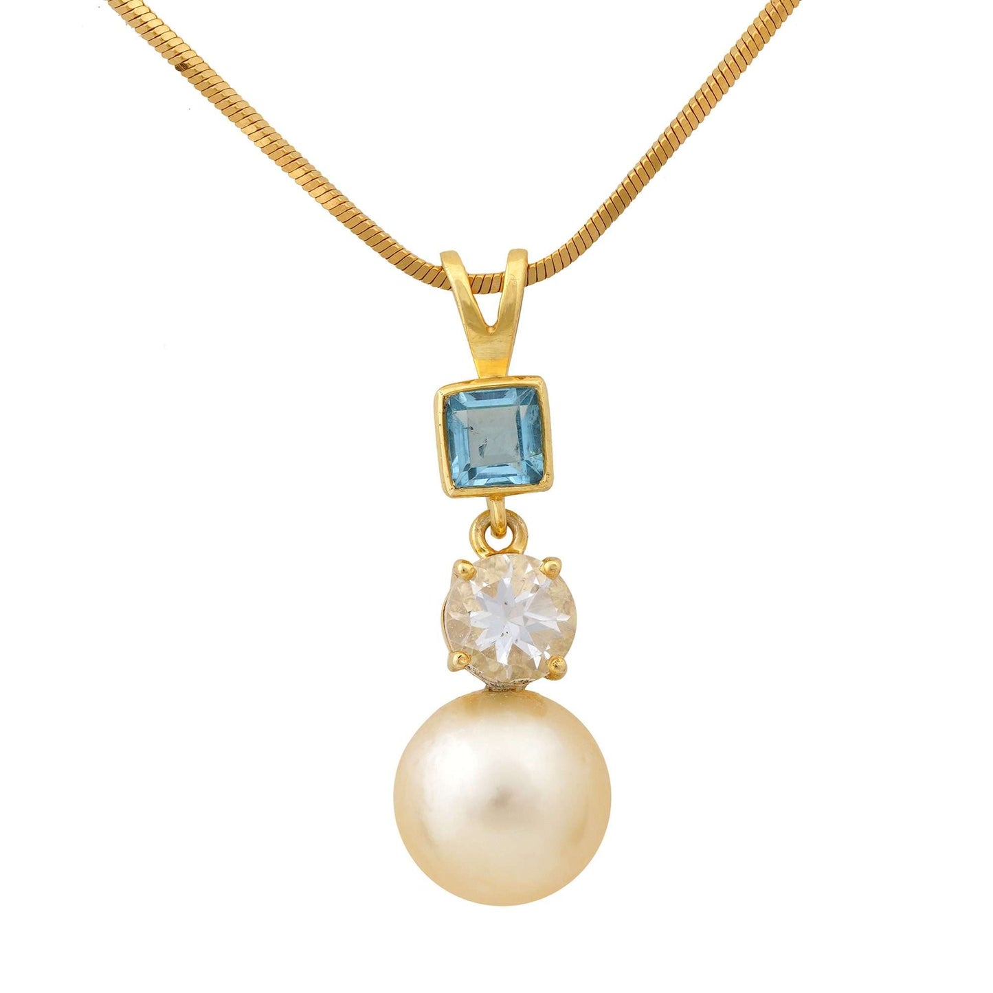 Golden South Sea Pearl with Blue & White Topaz Stones Blackheath Pendant 9.5 - 10.5 MM-0