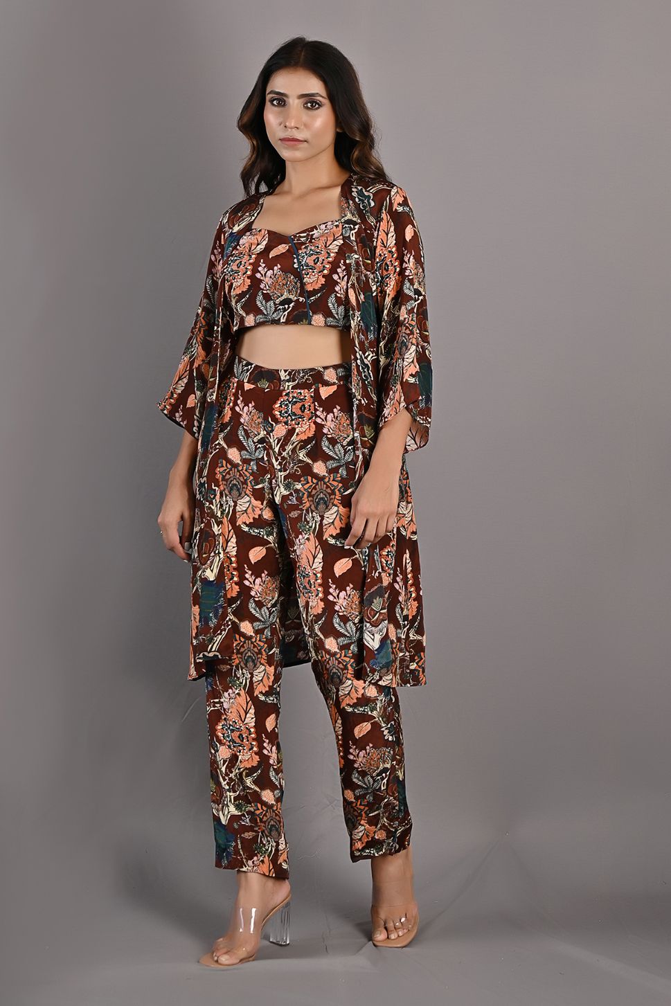 Elestren- Printed Co-ord Embroidered Top with Cape & Pants Set-1