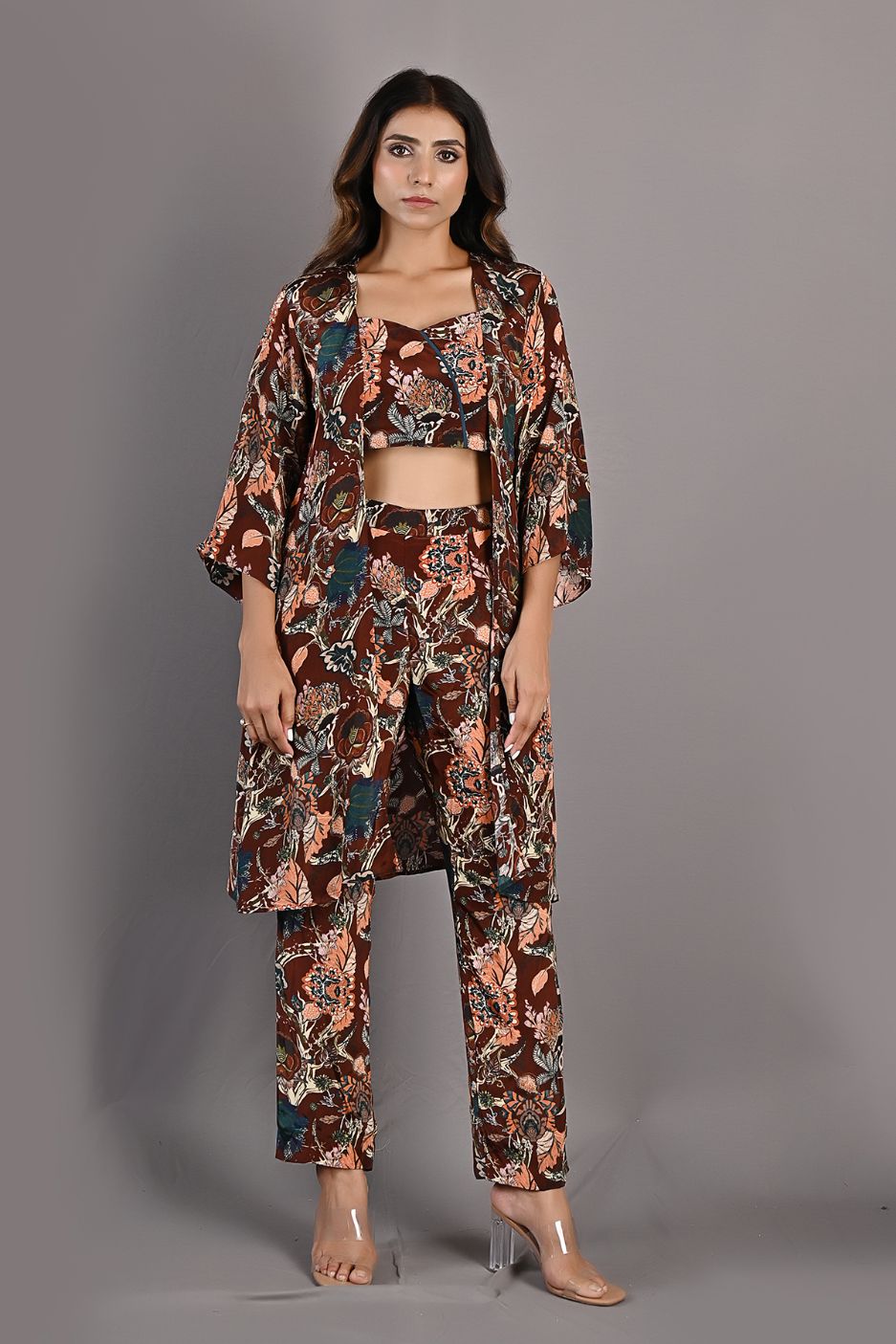 Elestren- Printed Co-ord Embroidered Top with Cape & Pants Set-2