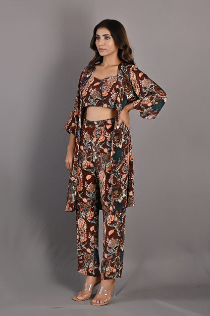 Elestren- Printed Co-ord Embroidered Top with Cape & Pants Set-3