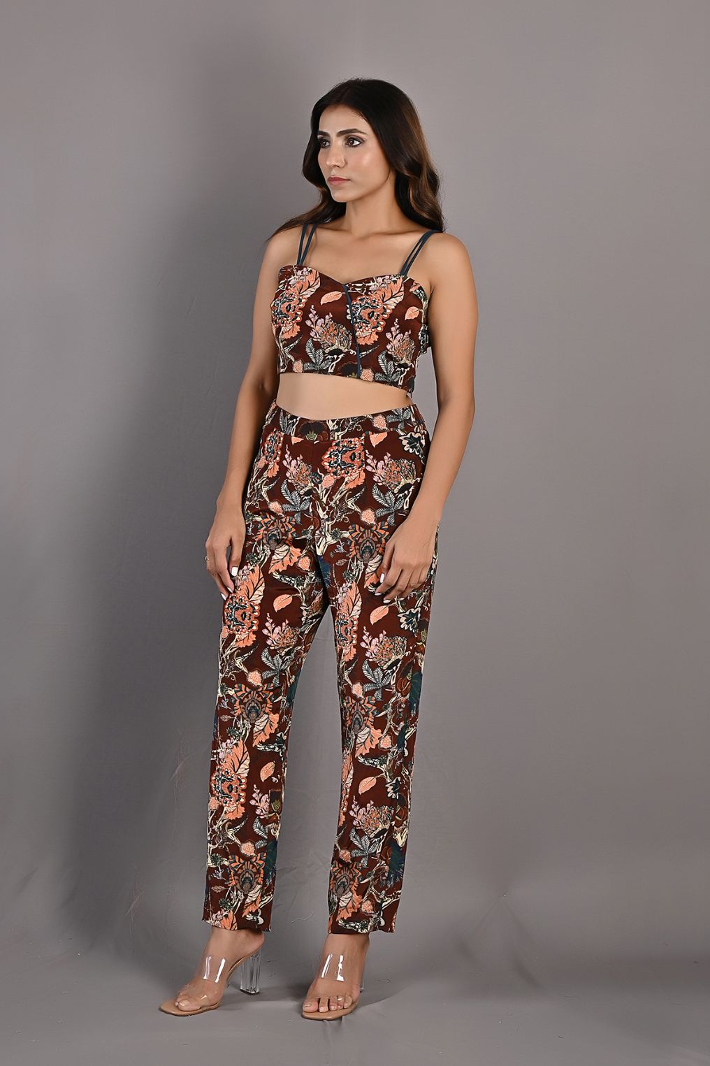 Elestren- Printed Co-ord Embroidered Top with Cape & Pants Set-4