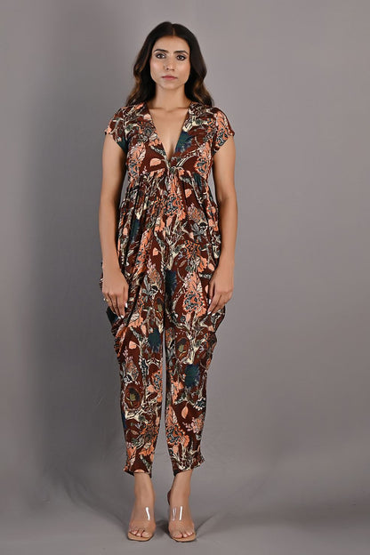 Varda- Maroon & Multi Printed Draped Jumpsuit-1