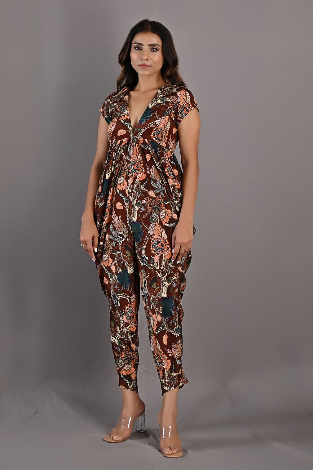 Varda- Maroon & Multi Printed Draped Jumpsuit-2