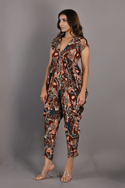 Varda- Maroon & Multi Printed Draped Jumpsuit-3