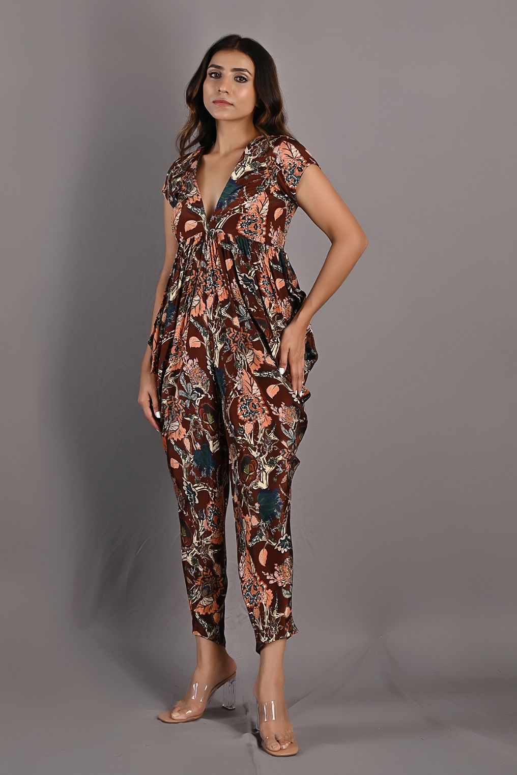 Varda- Maroon & Multi Printed Draped Jumpsuit-4