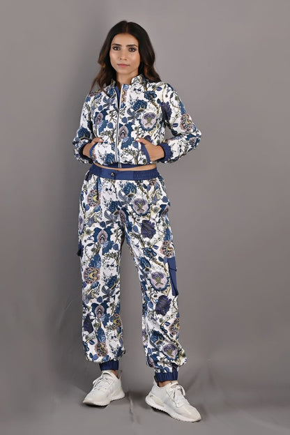 Laurel - Off White & Multi - Blue Printed Bomber Jacket & Pants Set-1