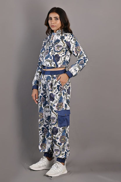 Laurel - Off White & Multi - Blue Printed Bomber Jacket & Pants Set-2