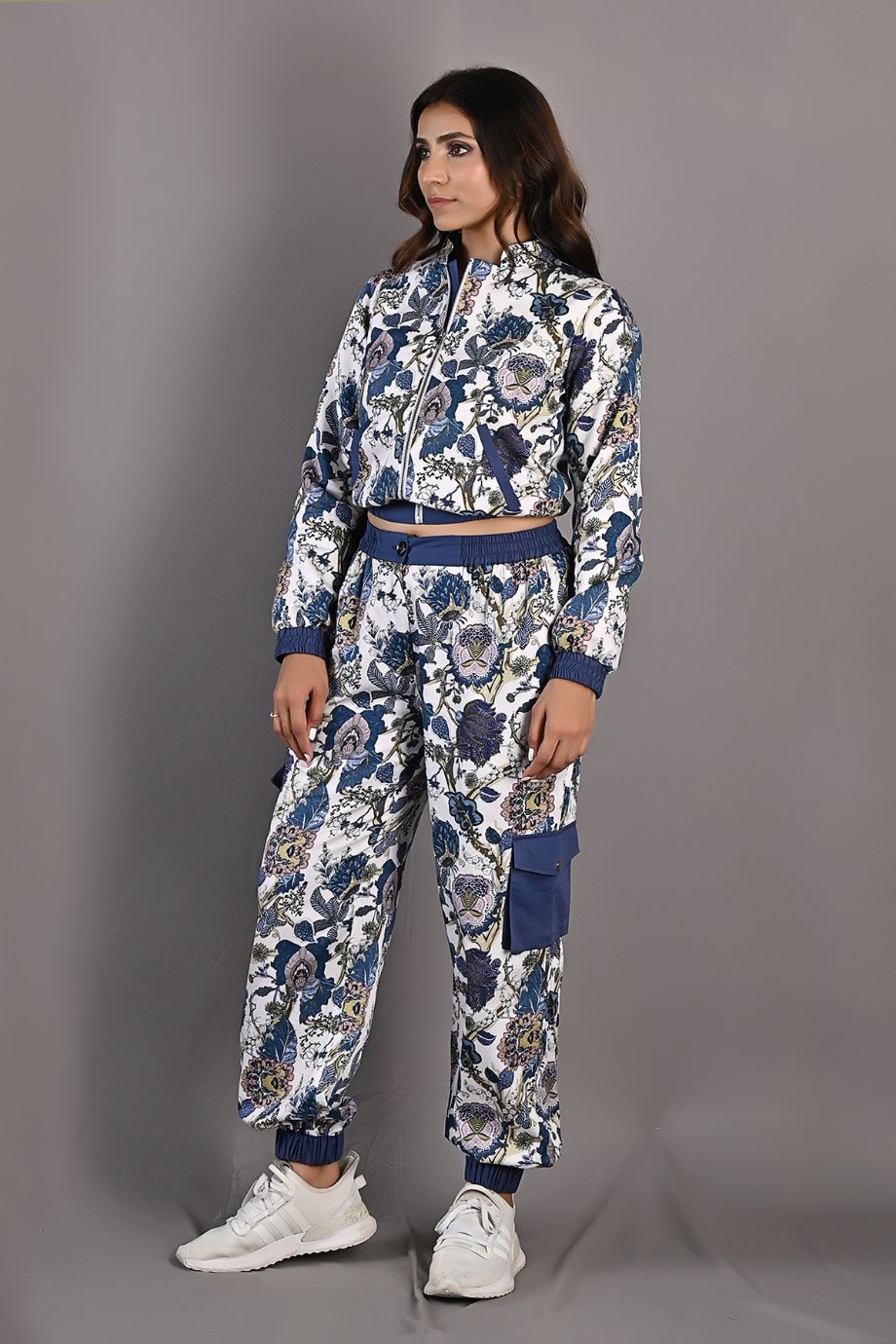 Laurel - Off White & Multi - Blue Printed Bomber Jacket & Pants Set-3