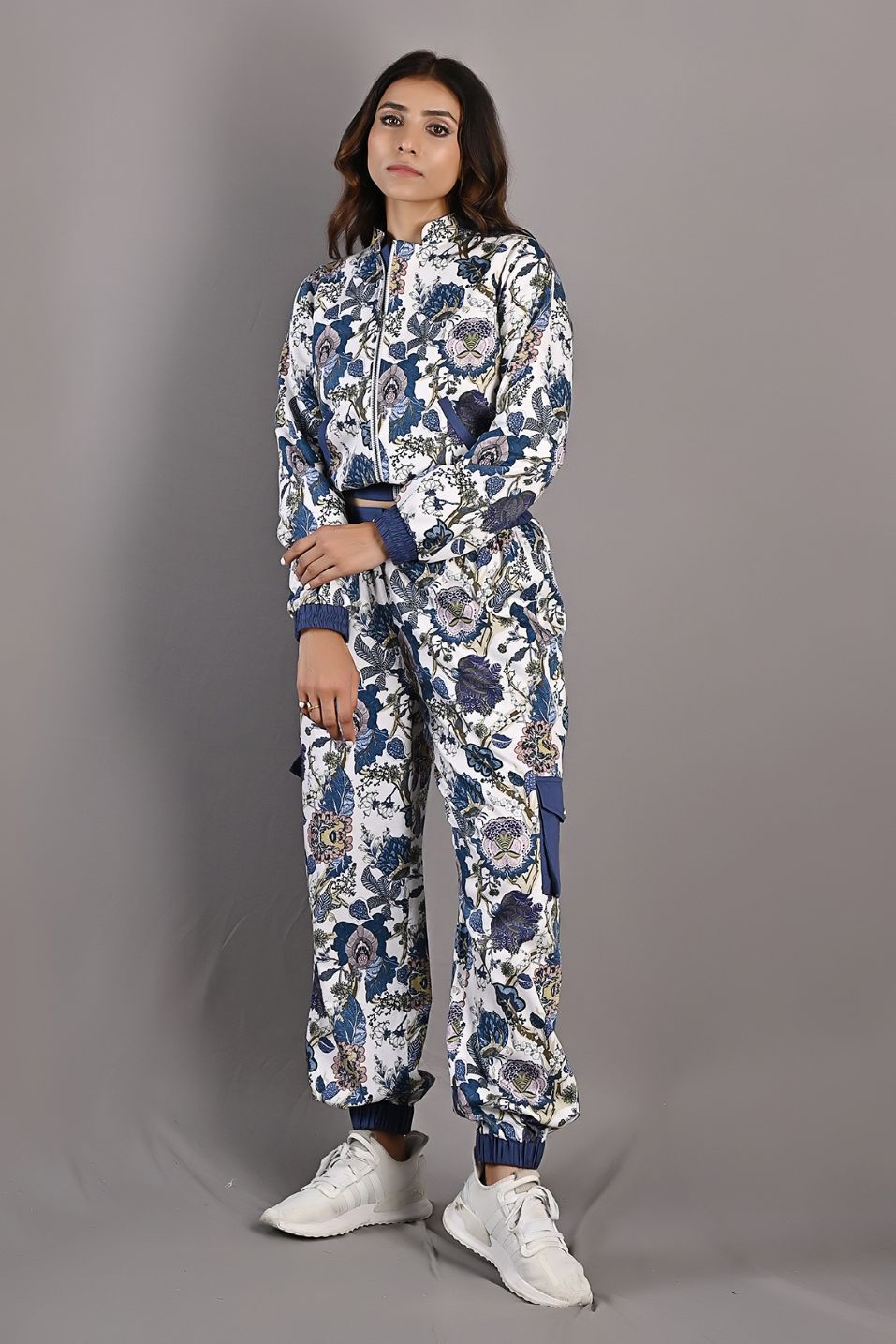 Laurel - Off White & Multi - Blue Printed Bomber Jacket & Pants Set-4