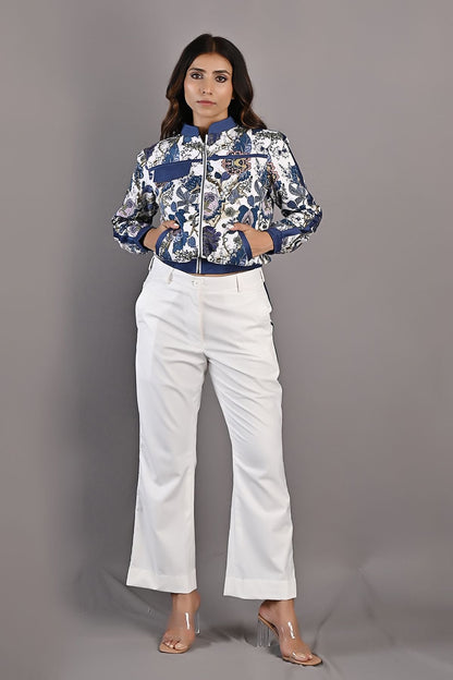 Magnolia- Printed Bomber Jacket Set with Off White Bell Bottoms-0