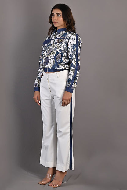 Magnolia- Printed Bomber Jacket Set with Off White Bell Bottoms-1