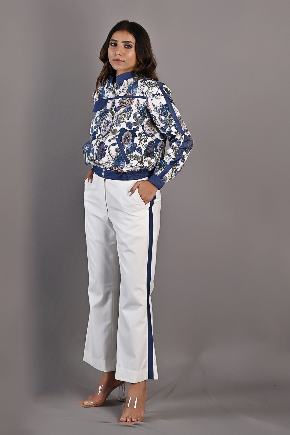 Magnolia- Printed Bomber Jacket Set with Off White Bell Bottoms-2