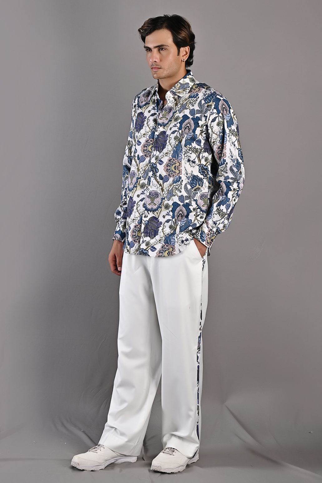 Avel - Multi Blue Printed Shirt with Off-White Pant Set-2