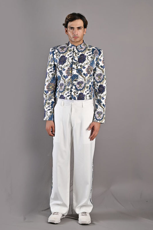 Dermot - Multi Blue Printed Short Jacket With Shirt & Pant Set-0