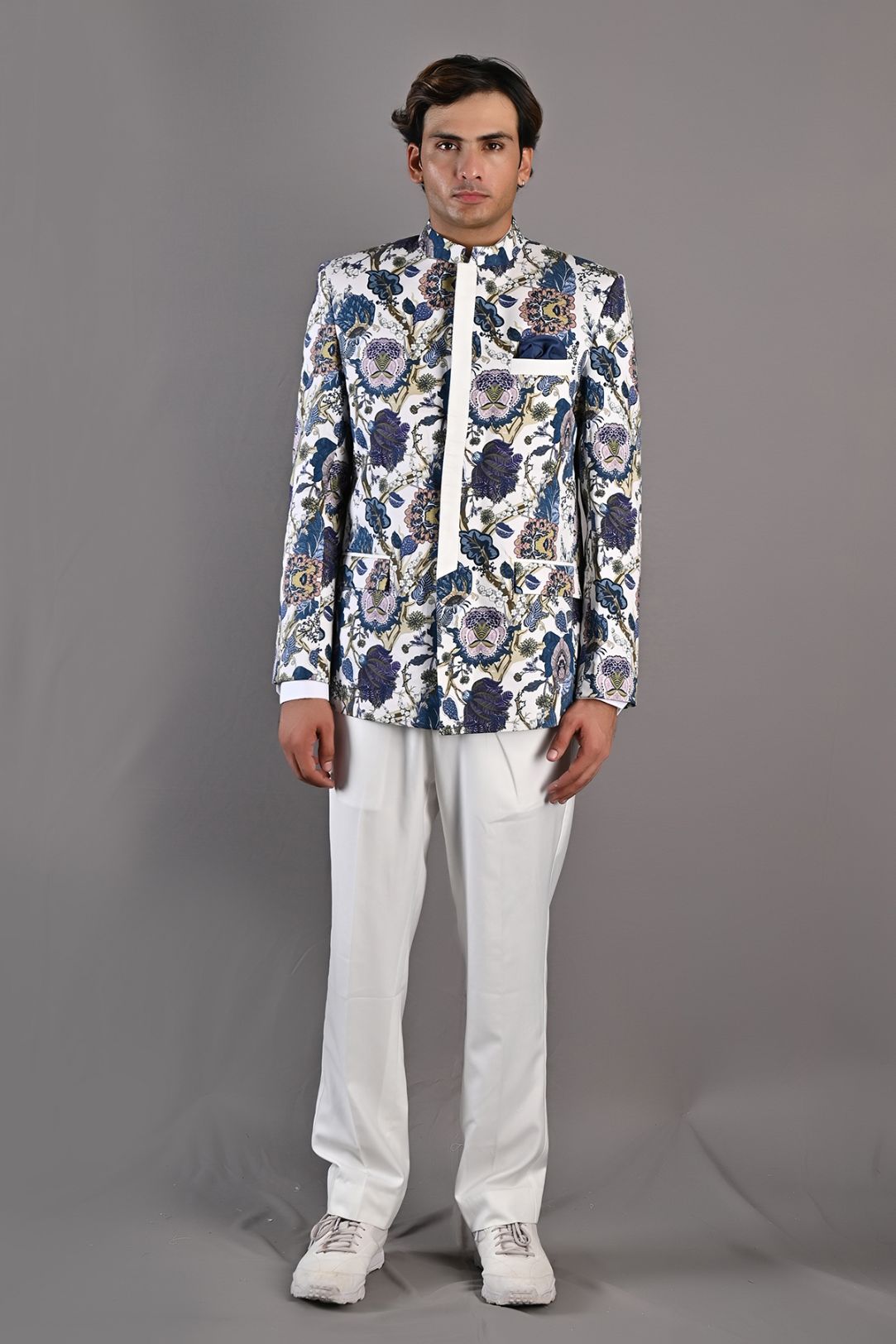 Karl - Multi Blue Printed Bandhgala Jacket Set with pant-0