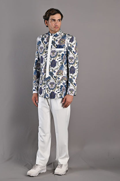 Karl - Multi Blue Printed Bandhgala Jacket Set with pant-1