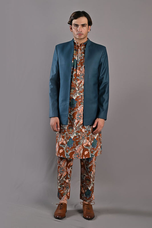 Aciano -  Teal Green, Maroon & Multi printed Open Jacket  with Kurta Set-0