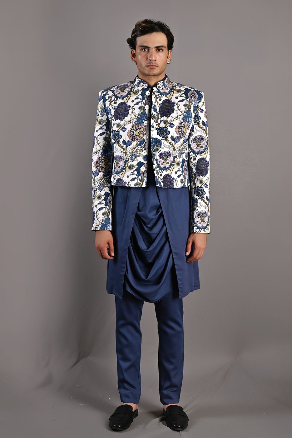 Blodwyn - Multi Blue Printed Short Jacket With Blue Cowl Kurta & Tulip Pant Set-0