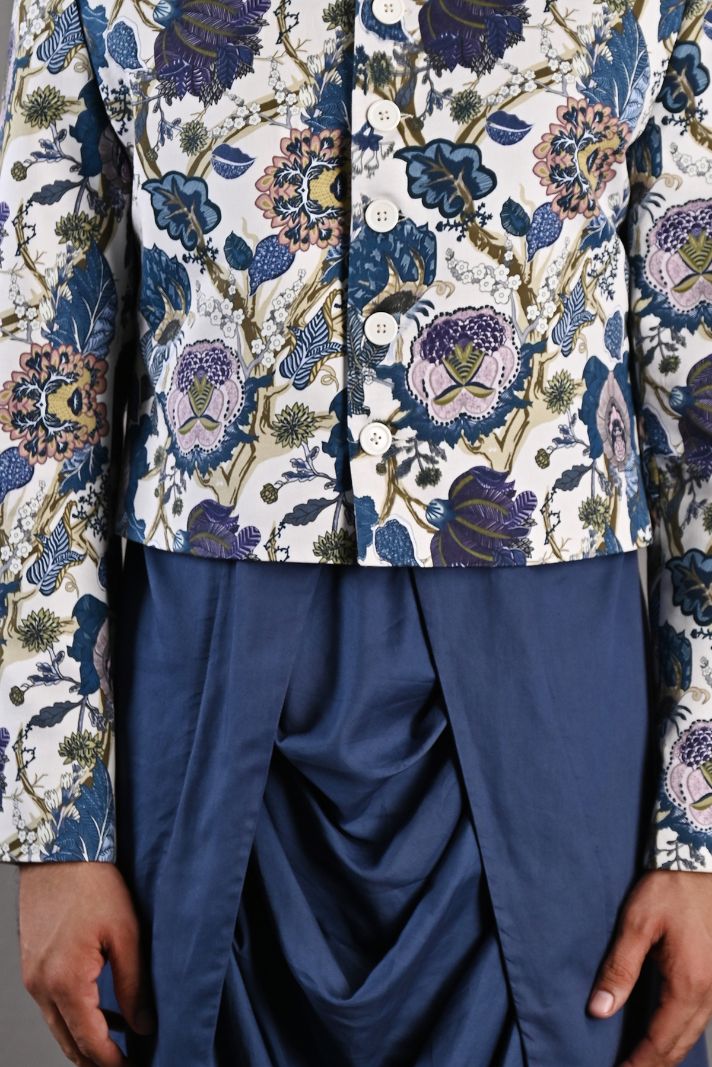 Blodwyn - Multi Blue Printed Short Jacket With Blue Cowl Kurta & Tulip Pant Set-1