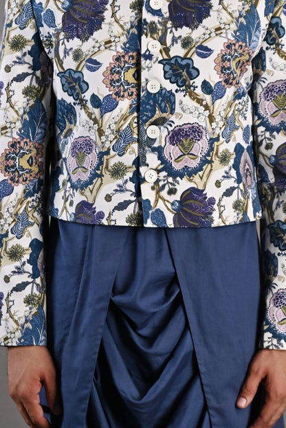 Blodwyn - Multi Blue Printed Short Jacket With Blue Cowl Kurta & Tulip Pant Set-1