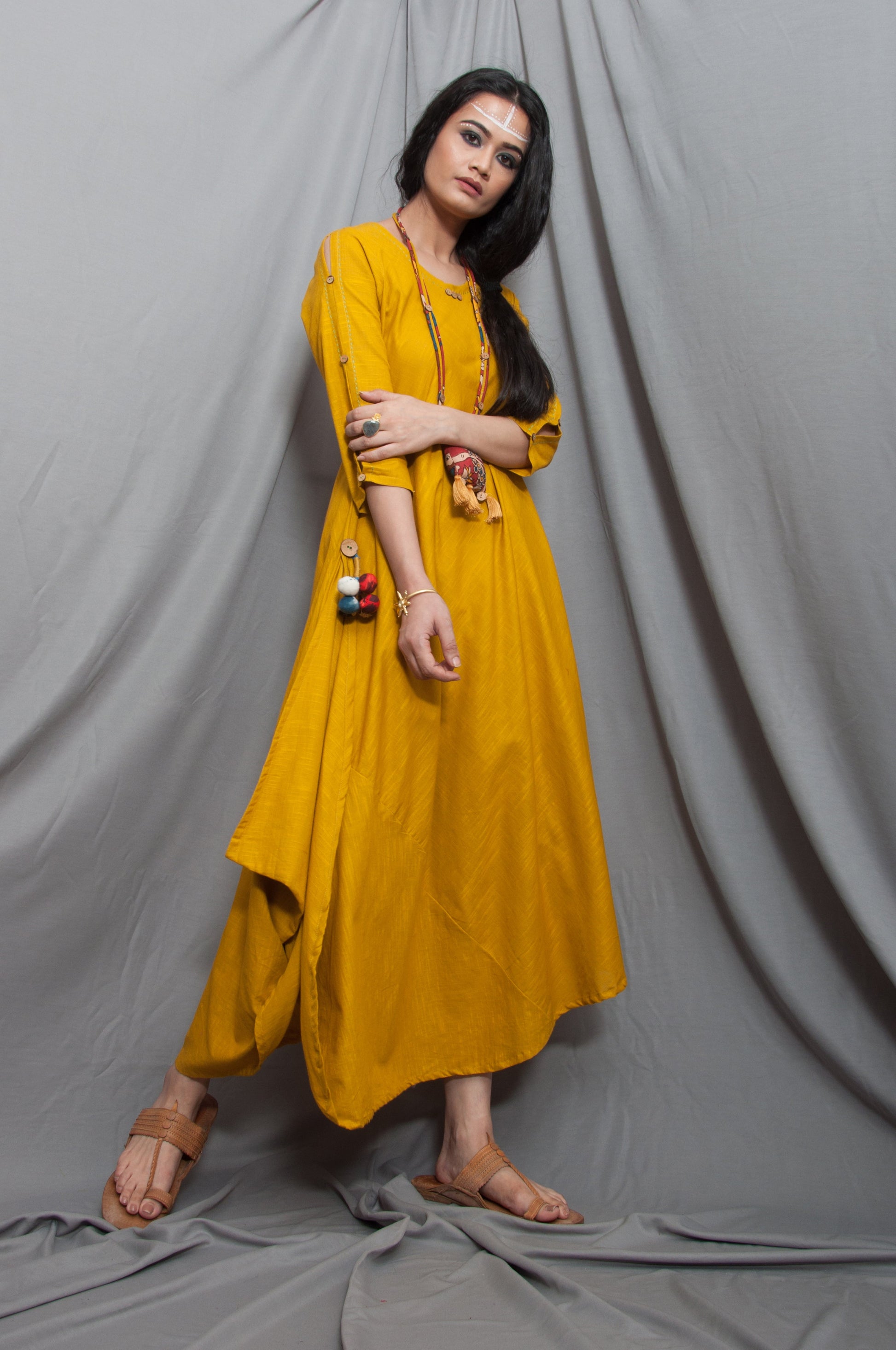 Harmony - Mustard Cowl Dress with Necklace-1