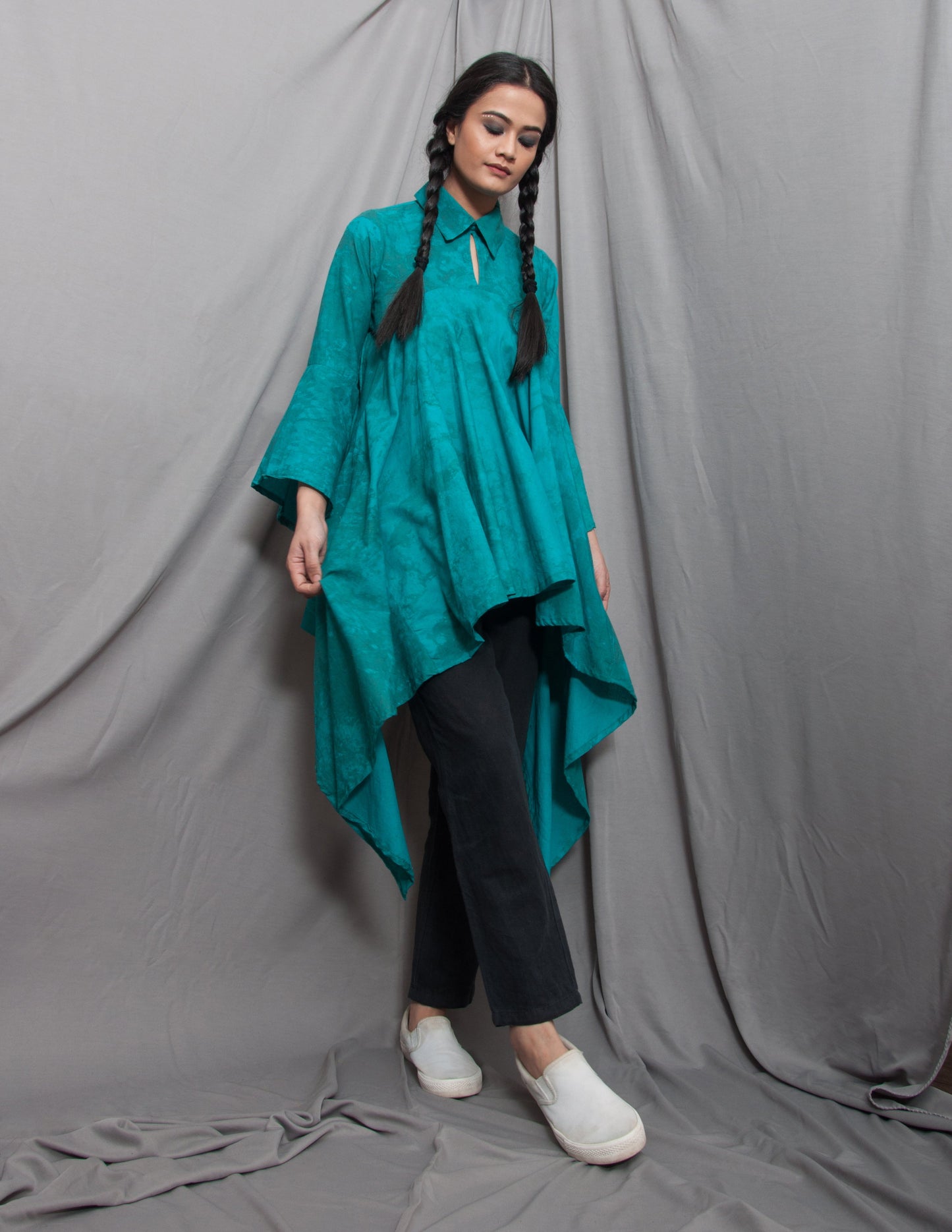 Asymmetrical Frill Top with Bell Sleeve-1