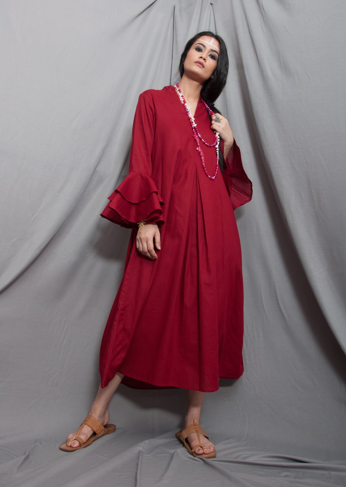 Baalance - Maroon Long Cowl Dress with Bell Sleeves-2