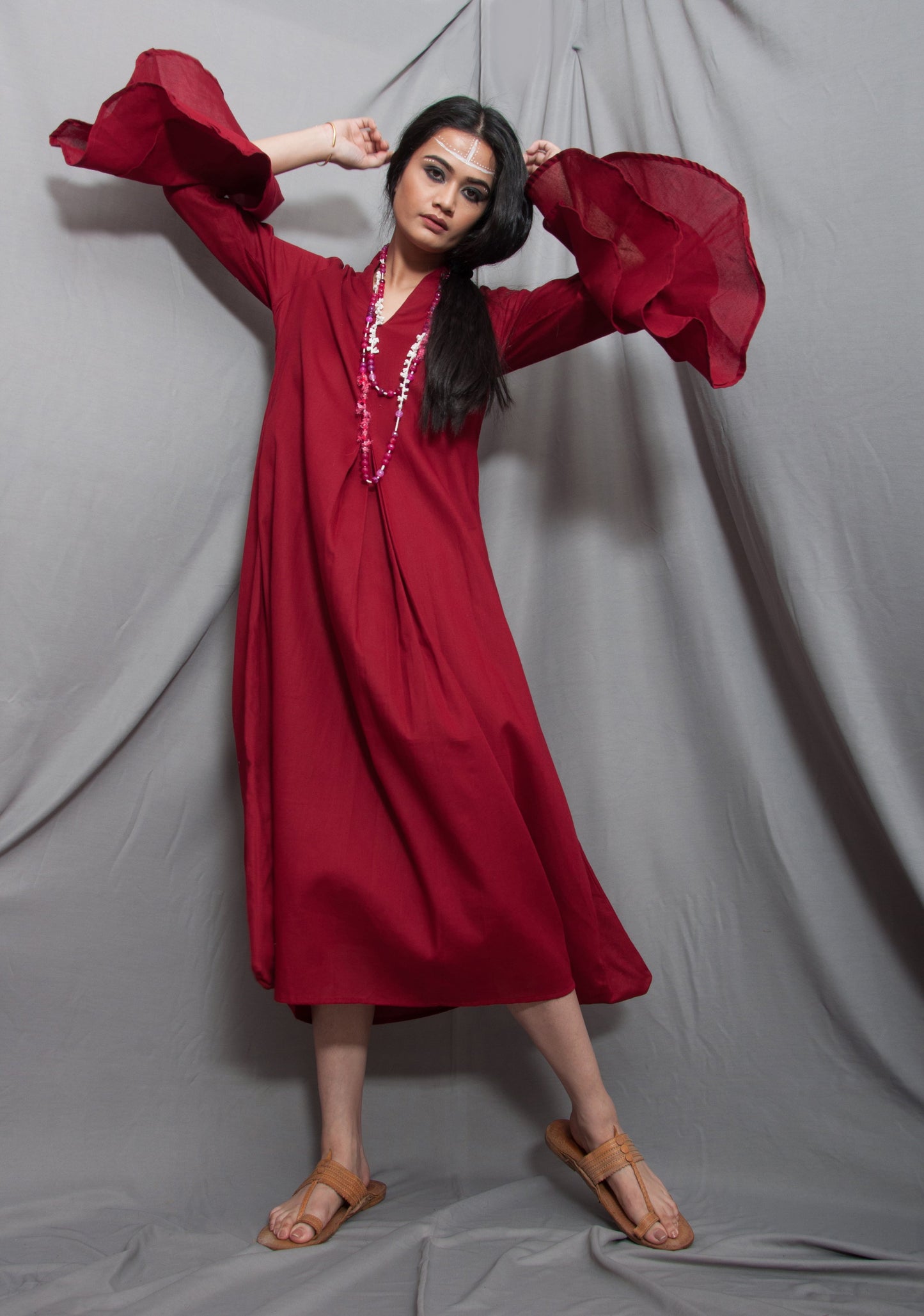 Baalance - Maroon Long Cowl Dress with Bell Sleeves-0