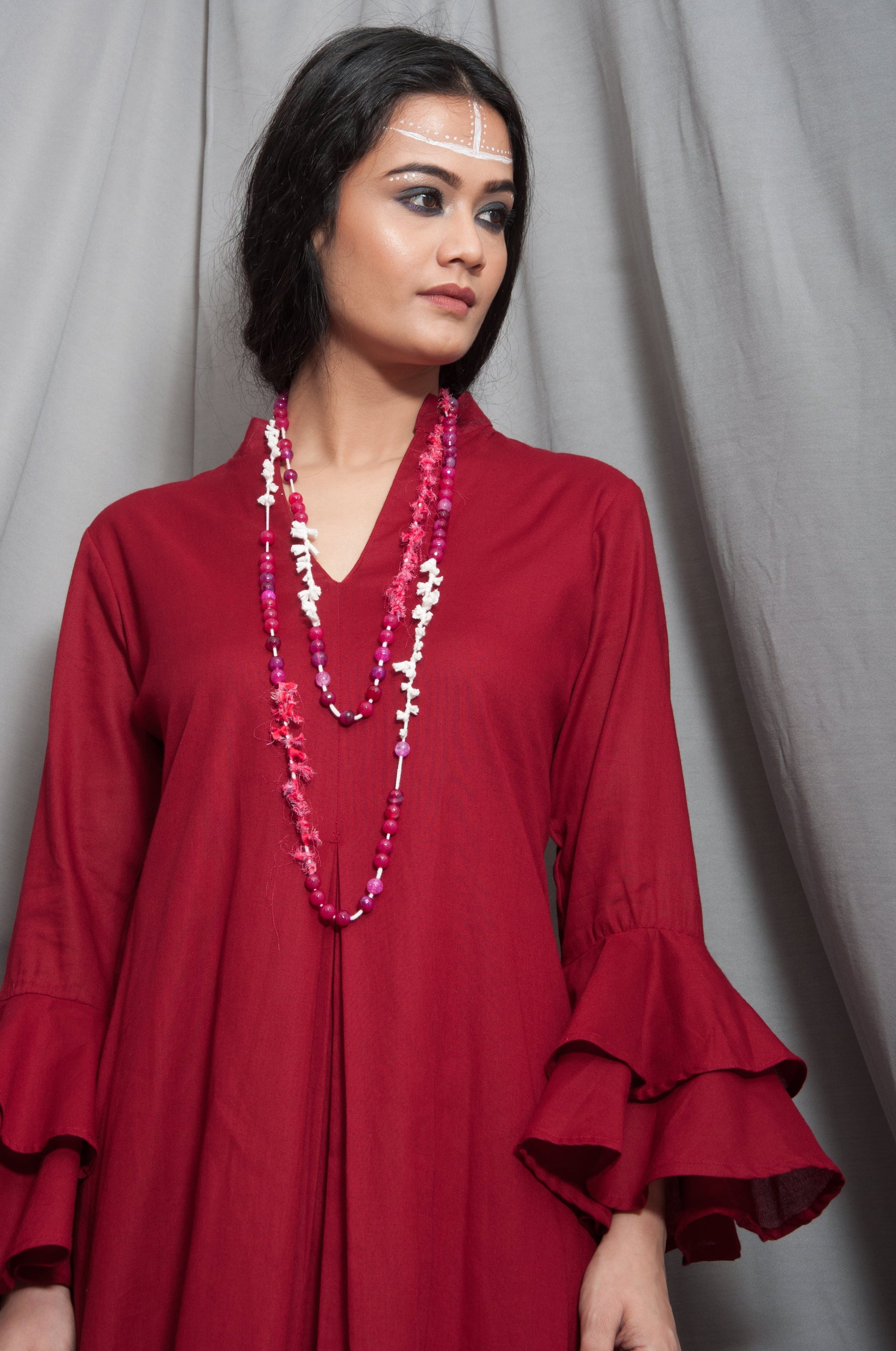 Baalance - Maroon Long Cowl Dress with Bell Sleeves-4