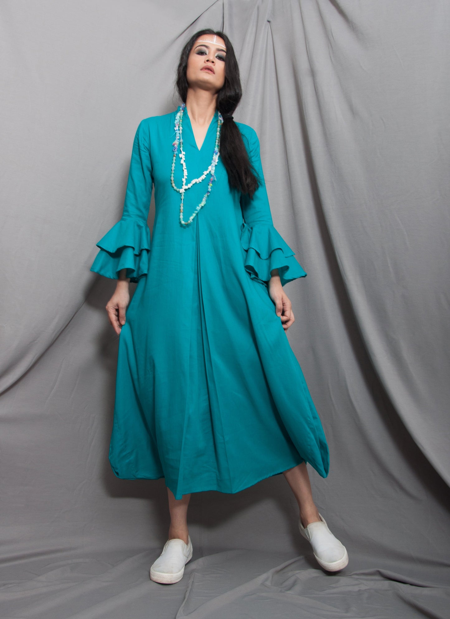 Essence- Turquoise Blue Cowl Dress With Necklace & Bell Sleeve-1