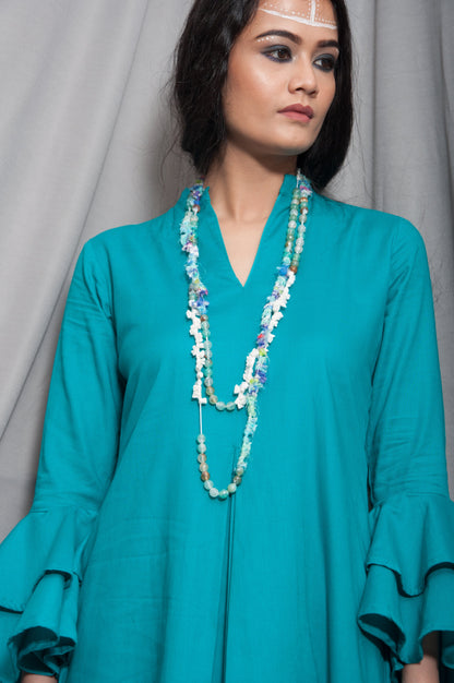 Essence- Turquoise Blue Cowl Dress With Necklace & Bell Sleeve-4