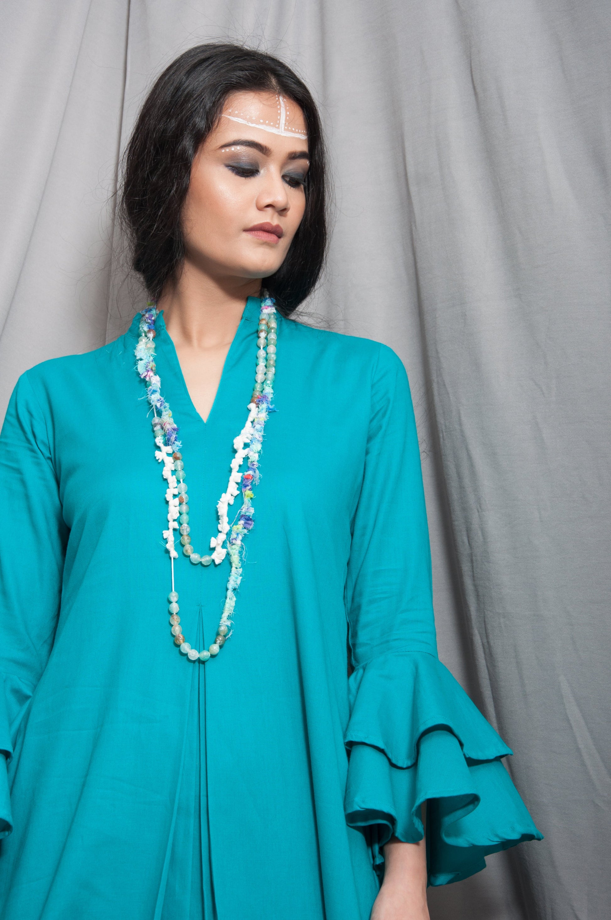 Essence- Turquoise Blue Cowl Dress With Necklace & Bell Sleeve-3