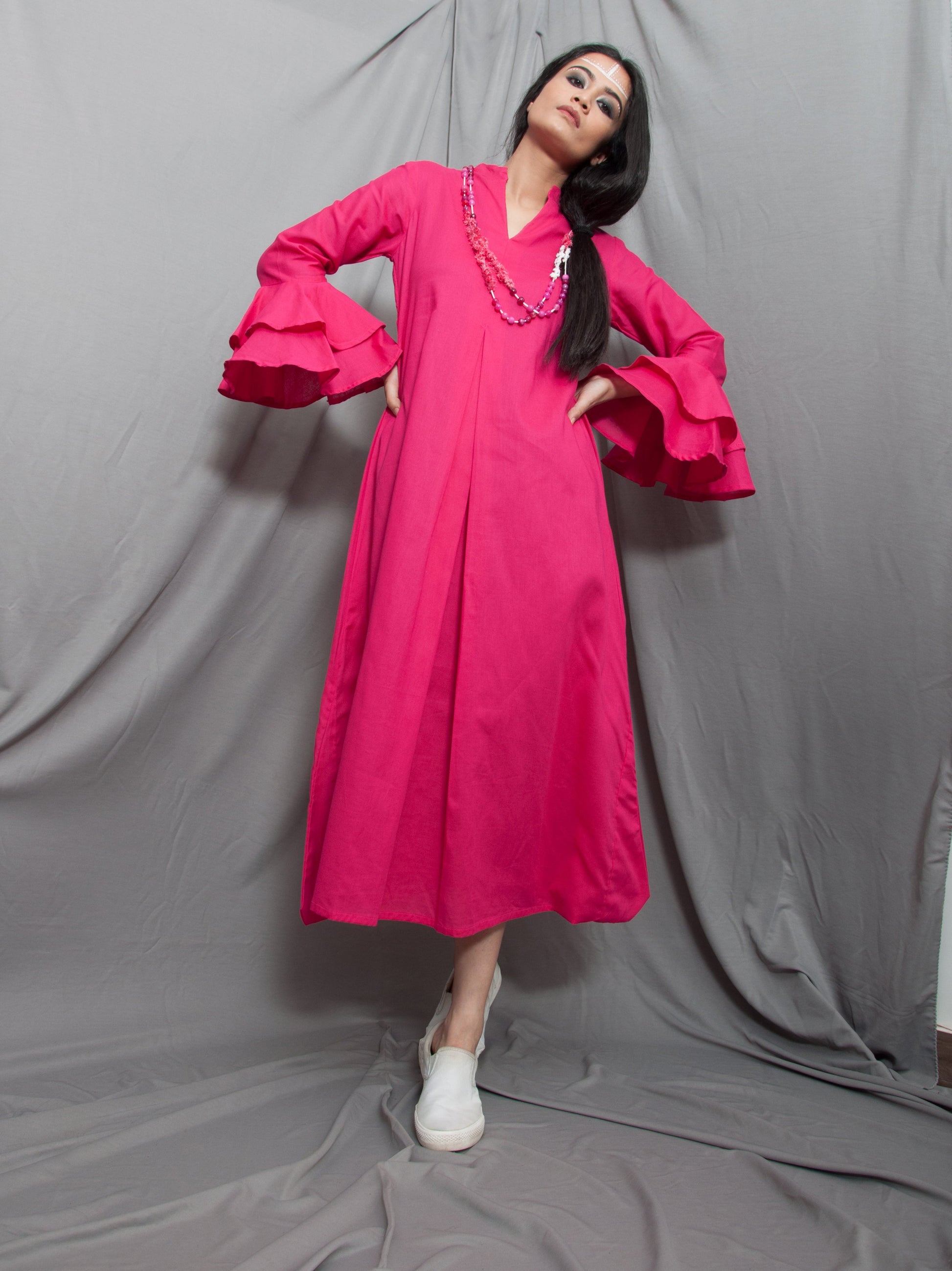 Dust - Hot Pink Long Cowl Dress With Bell Sleeves-1