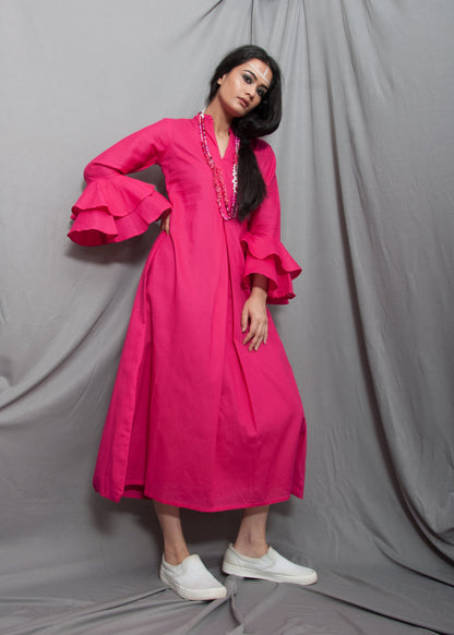 Dust - Hot Pink Long Cowl Dress With Bell Sleeves-2