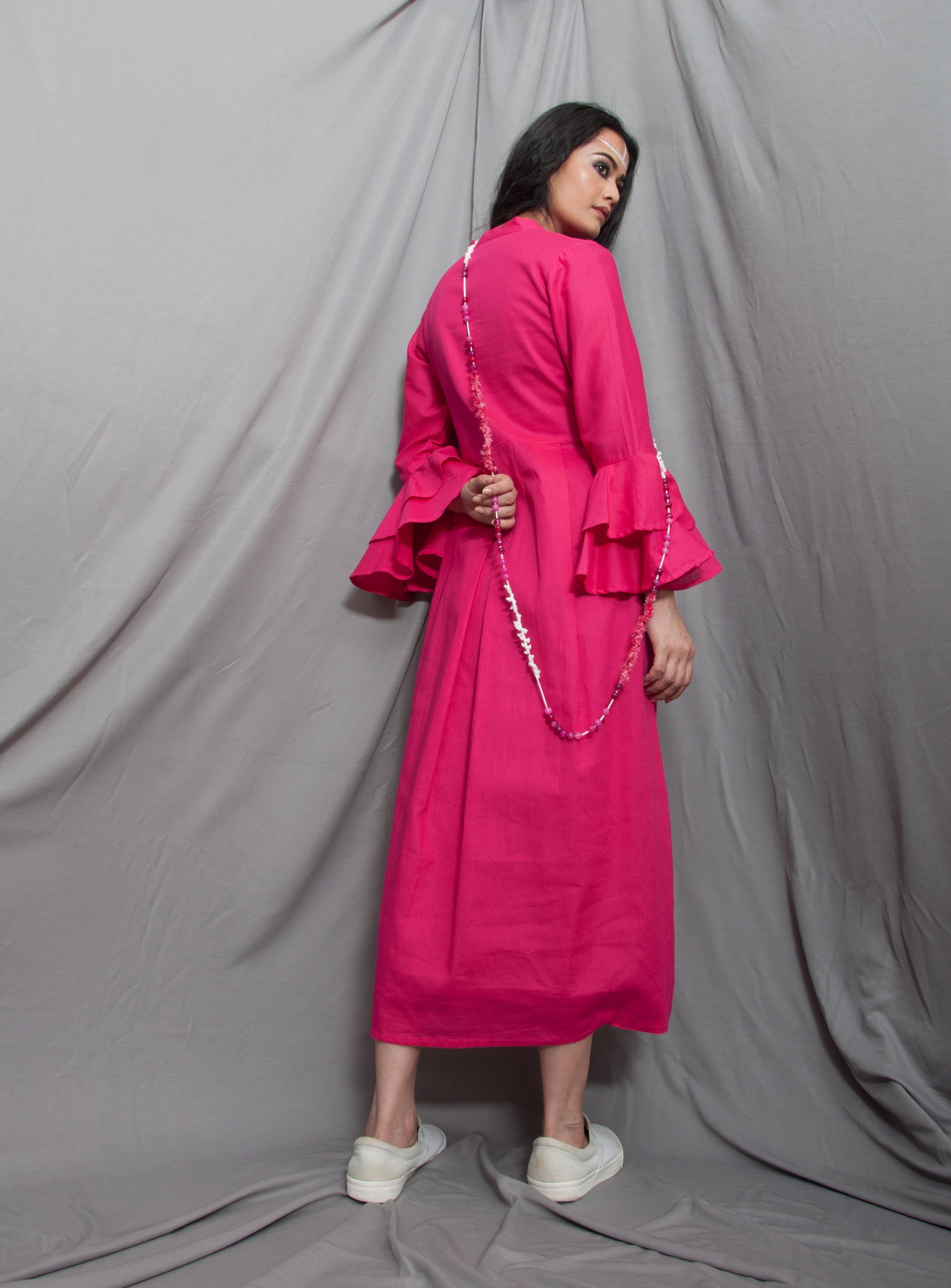 Dust - Hot Pink Long Cowl Dress With Bell Sleeves-3