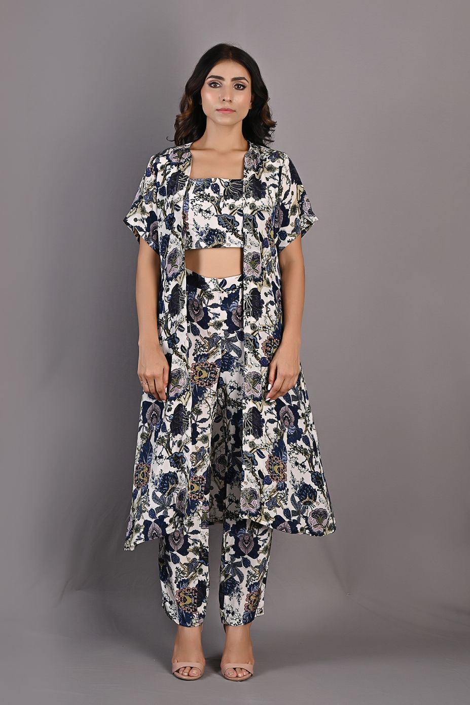 Alyssa- Printed Co-ord Embroidery Top with Pants and Cape Set-0