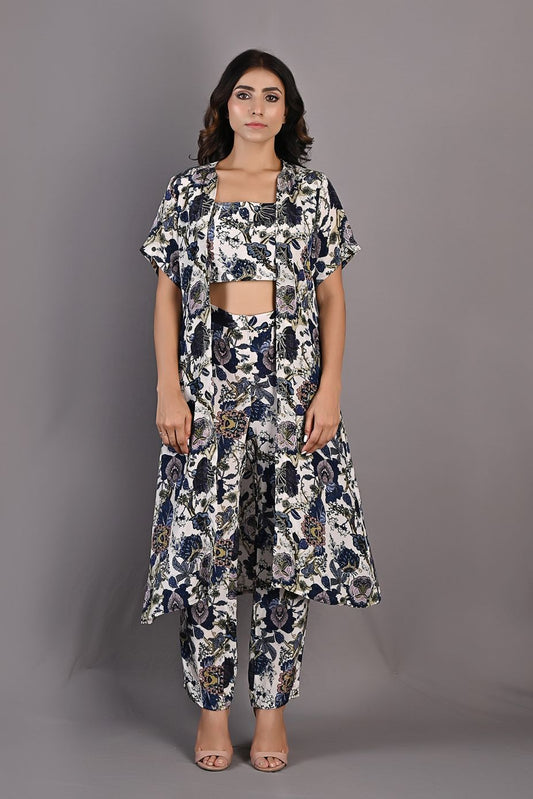 Alyssa- Printed Co-ord Embroidery Top with Pants and Cape Set-0