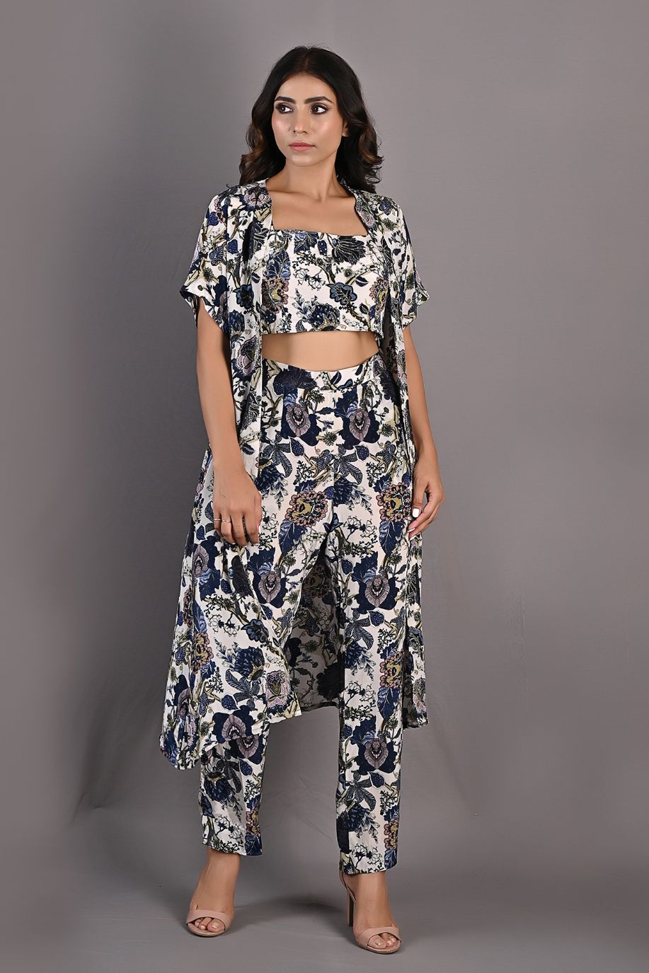 Alyssa- Printed Co-ord Embroidery Top with Pants and Cape Set-1