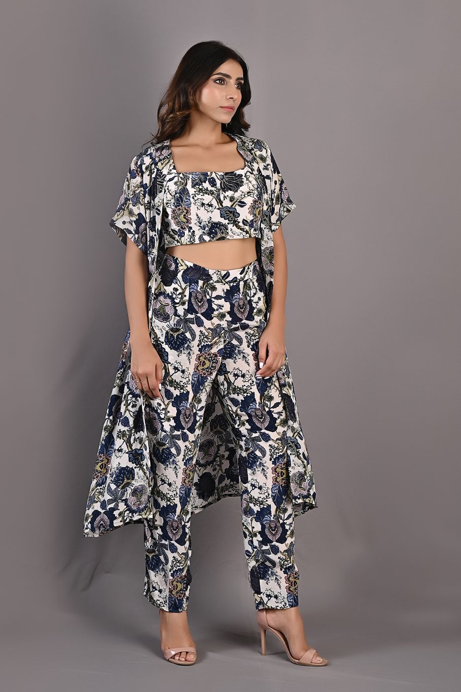 Alyssa- Printed Co-ord Embroidery Top with Pants and Cape Set-2