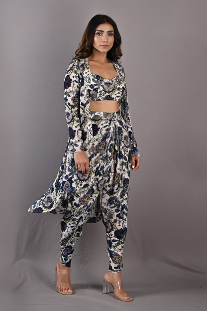 Cynthia- Printed Co-ord Embroidery Blouse with Draped Dhoti & Cape Set-1