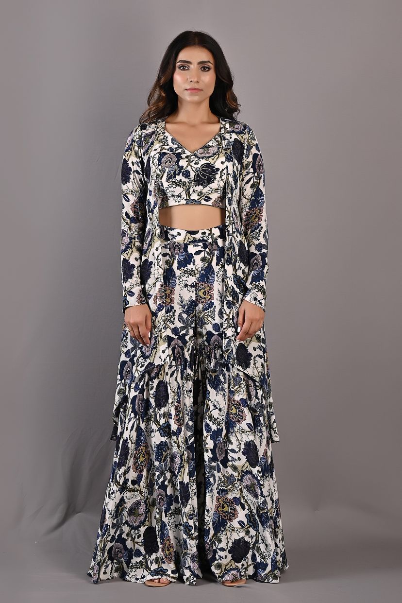 Cassia - Off White & Multi-Blue Printed & Embroidered Crop Top With Cape & Sharara Set-2