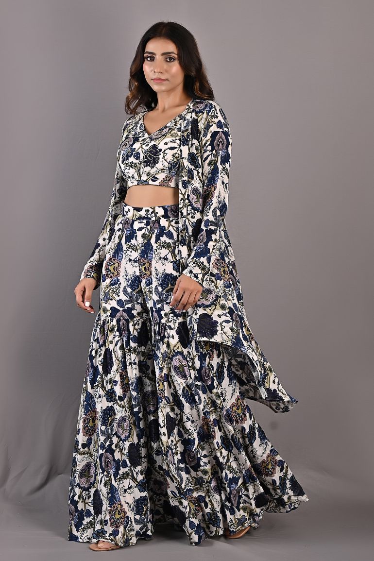 Cassia - Off White & Multi-Blue Printed & Embroidered Crop Top With Cape & Sharara Set-1